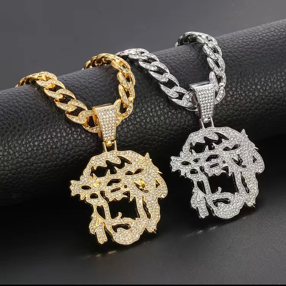 1pc Men's Cowboy Chain Silver & Golden Plated Necklace Faux Diamond Chain - Picture 1 of 5